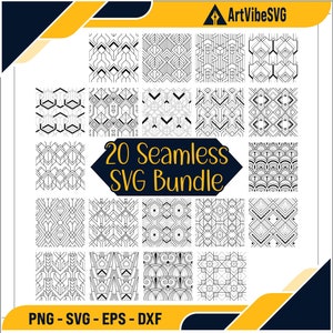 20 種類のシックな幾何学的 SVG バンドル: モダン アート、シームレスなパターン、流行の室内装飾、複雑な背景と背景セット