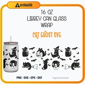 Ghost Libby SVG Wrap | Halloween Cup Wrap | Spooky Cat & Kitty Svg | Pet Animal Svg for Glass Cup | Halloween Libbey Cat Cricut Ghost Svg
