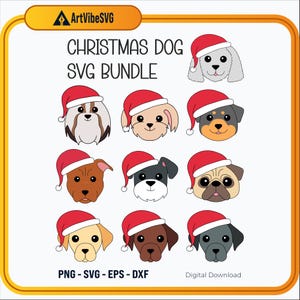 Bundle Noël chien SVG – mignons visages de chien bonnet de Noel, plusieurs races Clipart pour travaux manuels des Fêtes, cartes, chemises et tasses
