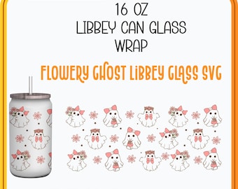 Flowery Ghost Libbey Glass Svg, Libbey Glass 16oz SVG,Spooky Easter Png, Halloween Ghost Flower SVG,Files for Cricut, Silhouette
