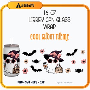 クールなゴーストテーマ 16オンス ガラス缶ラップ SVG、16オンス ガラス缶ラップ SVG、ゴースト Libbey ガラス SVG、16オンス Libbey ガラス缶タンブラー昇華デザイン
