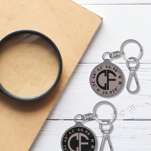 GPS Coordinates Keychain Custom Coordinates Monogram Keychain Special Location Latitude Longitude Keychain Personalized with Monogram