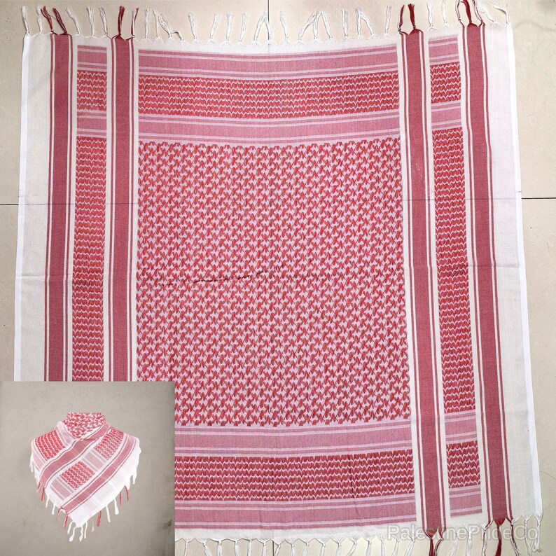 Palestine Keffiyeh Scarf Traditional Cotton Shemagh with Tassels Arafat Hatta Arab Style Headscarf, Perfect Islamic Gift for Men and Women Red