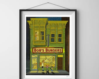 Night at Bob’s, Bob's Burgers Print: Pop Culture Art Print. Gene, Tina,Louise,Bob, Linda