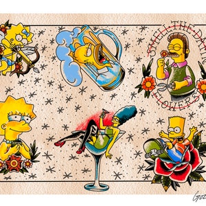 The Simpsons flash sheet, pop culture flash, flash sheet, tattoo decor, tattoo art print