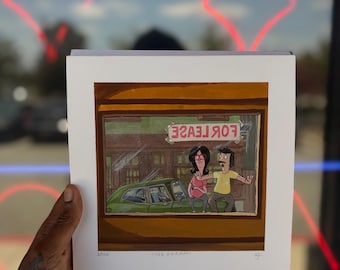 Puede incluir: Una impresión artística cuadrada con una ilustración de dibujos animados de dos personajes frente a un coche verde y un edificio con un cartel que dice FOR LEASE. La impresión incluye el texto 2020, THE DREAM e iniciales en el borde inferior.