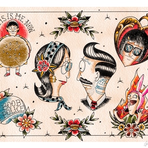 Puede incluir: Una hoja de tatuaje colorida con varias im&aacute;genes, incluyendo un personaje de dibujos animados con una hamburguesa, una pareja mir&aacute;ndose, un coraz&oacute;n con un personaje de dibujos animados dentro, un sombrero con las palabras "Boo Boo Police" y un personaje de dibujos animados con orejas de conejo en llamas. La hoja tiene un estilo vintage.