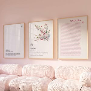 3 Sakura Flower Cherry Blossom Japanese Language Definition Meaning Bundle, Cheap Canvas Print Artwork Home Decor, Gallery Wall Set Poster