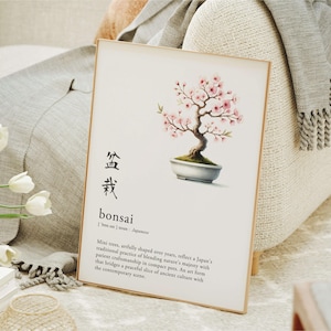 Bonsai kersenbloesem sakura bloem miniatuur boomplant Japanse taal definitie decor afdrukbare muurkunst poster, digitale download