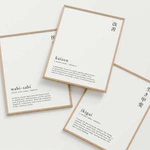 Pacote com 3 Ilustrações Digitais Imprimíveis para Parede com Definições da Língua Japonesa: Wabi Sabi Kaizen Ikigai
