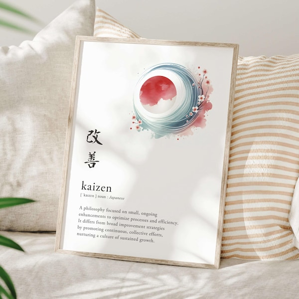 Red Circle Kaizen Definition Digital Printable Wall Art: Japanese Language Continuous Improvement