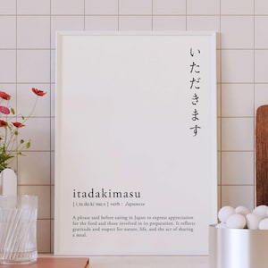 Minimal Itadakimasu Definition Digital Printable Wall Art: Japanese Language Poster Gratitude image 1
