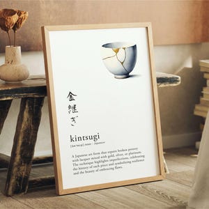 Witte digitale afdrukbare muurkunst Kintsugi Definition: poster in Japanse taal