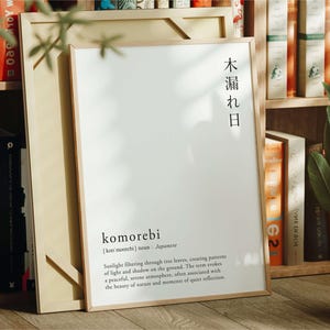 Komorebi Kanji Definition Druck, Wald Sonnenlicht durch Bäume, hergestellt in Japan Kultur, minimalistische Wandkunst, Typografie Poster, japanisch
