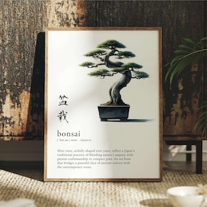 Arte mural imprimible digital con definición única de bonsái: árbol en miniatura en japonés