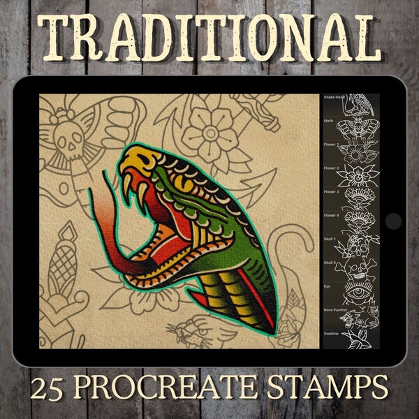 Traditional Tattoo Procreate Stamp -  25 Trad Oldschool Brush Stamps for Procreate