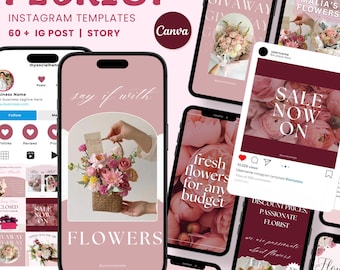 May include: A collection of digital Instagram templates for florists featuring a pink and burgundy color palette. The designs include mobile phone mockups displaying floral arrangements, text overlays like "FLORIST," "SALE NOW ON," and "fresh flowers for any budget," and a Canva logo.