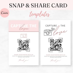 Op de afbeelding: Twee printbare kaarten met een roze en wit kleurenschema. De kaarten hebben een camera-icoon, een QR-code en de tekst "Capture the love". De tekst "Share your photos with us! Scan the code with your smartphone and upload your photos! Thank you!" is ook op de kaarten te vinden.