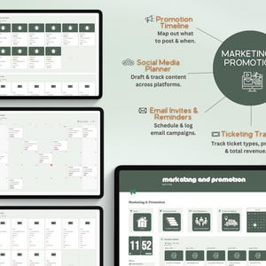 Puede incluir: Varias tabletas negras que muestran un panel de marketing y promoci&oacute;n digital. Las pantallas muestran una l&iacute;nea de tiempo de promoci&oacute;n, un planificador de redes sociales, recordatorios por correo electr&oacute;nico y un rastreador de tickets. El texto "Marketing & Promotion" es visible.
