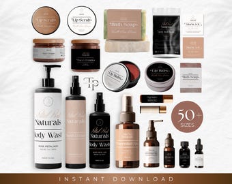 May include: A collection of 50+ size mockup templates for product labels and packaging. The mockups feature various products, including body wash, face cream, lip balm, bath soap, and essential oils. The mockups are in a minimalist style with a neutral color palette.