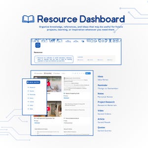 May include: A digital resource dashboard interface with a blue and white color scheme. The text "Resource Dashboard" is at the top, with sections for organizing knowledge, ideas, and references. Features include "New Entry," "Ideas," "Reminder," and "Quotes."