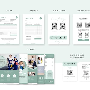 May include: A set of printable templates for a cleaning company. The templates include a quote, invoice, scan to pay, social media, and flyers. The flyers feature a 10% sale and a cleaning service.