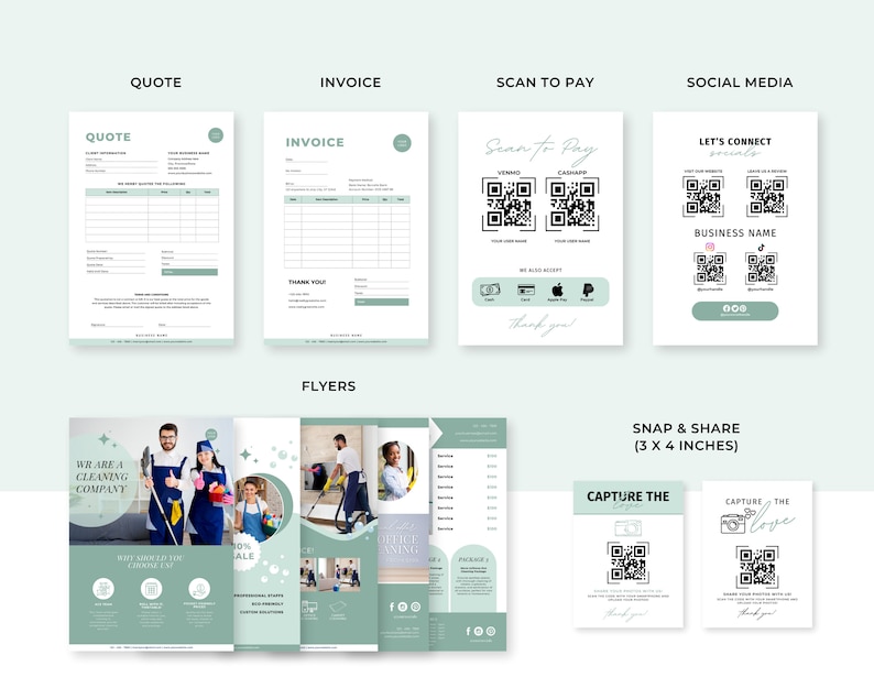 May include: A set of printable templates for a cleaning company. The templates include a quote, invoice, scan to pay, social media, and flyers. The flyers feature a 10% sale and a cleaning service.