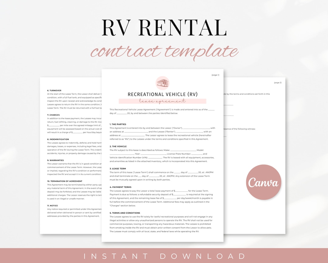 RV Rental Agreement Camper Rental Agreement Short Term Rental RV