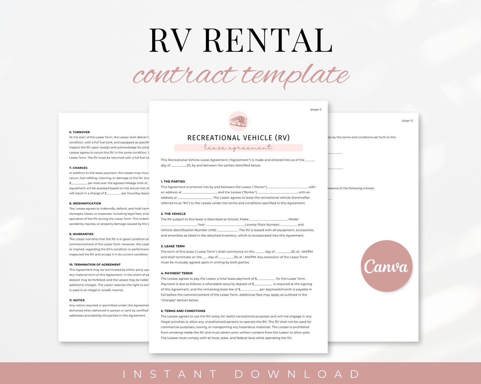 RV Rental Agreement, Camper Rental Agreement, Short Term Rental RV ...