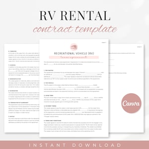 RV Rental Agreement, Camper Rental Agreement, Short Term Rental RV Camper, Trailer Agreement Template, Editable, Lease Contract, Rental Form