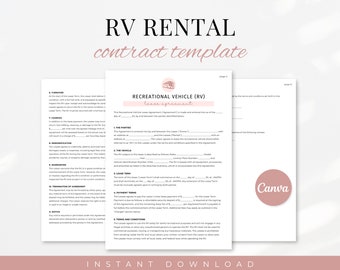 RV Rental Agreement, Camper Rental Agreement, Short Term Rental RV Camper, Trailer Agreement Template, Editable, Lease Contract, Rental Form