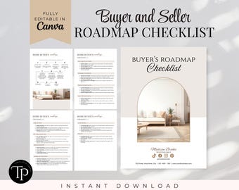 May include: A printable checklist for home buyers and sellers. The checklist is designed in a minimalist style with a neutral color palette. The checklist includes a roadmap for buyers and a checklist for sellers. The checklist is fully editable in Canva. The image also includes a logo for Madison Brooks Real Estate Agent.