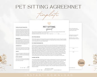 May include: A printable pet sitting agreement template with a pink heart graphic. The document includes sections for cancellation and termination, emergencies, confidentiality, liability, and payment and fees.