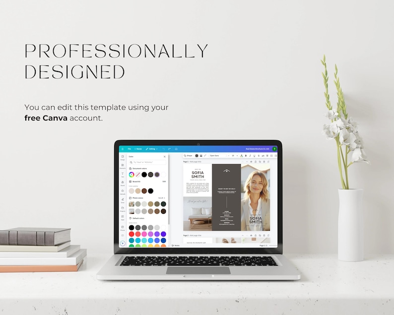 Puede incluir: Un port&aacute;til que muestra una plantilla de dise&ntilde;o con el texto "PROFESSIONALLY DESIGNED" y "You can edit this template using your free Canva account." Una pila de libros y un jarr&oacute;n blanco con flores tambi&eacute;n est&aacute;n presentes.