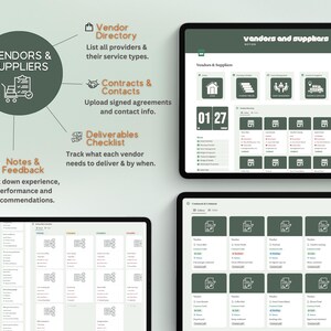Puede incluir: Una interfaz digital con las palabras "Vendors & Suppliers" y un diagrama que describe caracter&iacute;sticas como un directorio de proveedores, contratos y una lista de verificaci&oacute;n de entregables. La interfaz se muestra en varias tabletas.