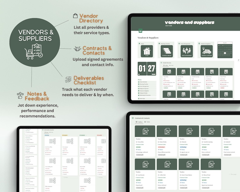 Puede incluir: Una interfaz digital con las palabras "Vendors & Suppliers" y un diagrama que describe caracter&iacute;sticas como un directorio de proveedores, contratos y una lista de verificaci&oacute;n de entregables. La interfaz se muestra en varias tabletas.