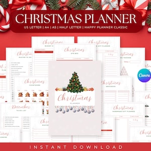 Puede incluir: Un planificador de Navidad imprimible con un esquema de color rojo y blanco festivo. El planificador incluye páginas para presupuestos, planificación de regalos, listas de tareas y más. La portada presenta un árbol de Navidad con adornos y el texto "Christmas Planner".