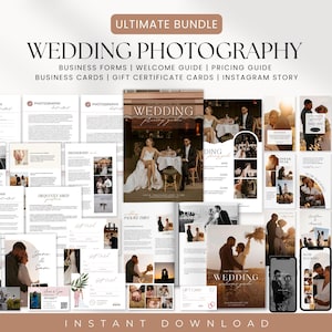 Modèles de photographie de mariage, Formulaires commerciaux, Guide de bienvenue, Guide des tarifs, Cartes de visite, Chèques-cadeaux, Story Instagram, Canva Edit