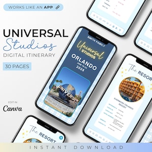 Puede incluir: Un itinerario digital para Universal Studios Orlando, mostrado en varios teléfonos inteligentes. El itinerario incluye 30 páginas y es editable en Canva. Los teléfonos muestran detalles del resort y del parque temático Universal Studios.