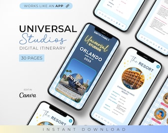 May include: A digital itinerary for Universal Studios Orlando, displayed on multiple smartphones. The itinerary includes 30 pages and is editable in Canva. The phones show details for the resort and the Universal Studios theme park.
