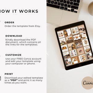 May include: A laptop computer with a white keyboard and a tablet displaying a grid of social media graphics for a bakery. The graphics feature a brown and white color scheme with text that says "Cupcake", "Happy Hours", "25% Off", "Giveaway", and "We Are Open". The tablet is on a white surface with a coffee cup and a pen.