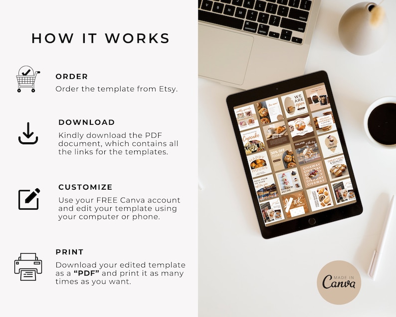 May include: A laptop computer with a white keyboard and a tablet displaying a grid of social media graphics for a bakery. The graphics feature a brown and white color scheme with text that says "Cupcake", "Happy Hours", "25% Off", "Giveaway", and "We Are Open". The tablet is on a white surface with a coffee cup and a pen.
