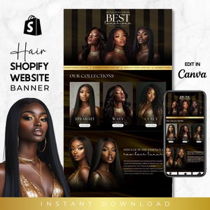 Schwarz & Gold-Haare, Shopilly Website Banner Vorlage, Haar Banner Design-Vorlage, Shopstifte Luxus Haar Design, vorgefertigtes Shopilly Banner, Canva