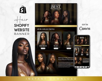 Black & Gold Hair Shopify Website Banner Template, Hair Banner Design Template, Shopify Luxury Hair Design, Premade Shopify Banner, Canva