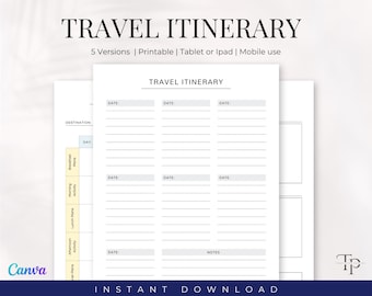 5 Versions Simple Travel Itinerary Printable & Digital Use, Travel Planner Template, Vacation Planner, Travel Schedule, Vacation Travel