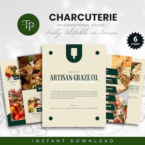 Puede incluir: Un conjunto de seis páginas imprimibles para un negocio de tablas de charcutería. Las páginas están diseñadas en un esquema de color verde y blanco con un estilo rústico. Las páginas incluyen el texto "Bienvenido a Artisan Graze Co.", "¡De tu parte!" y "¡Especial!"