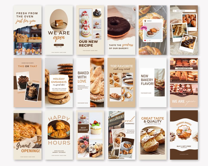 May include: A collage of 12 Instagram-style images promoting a bakery. The images feature various baked goods, including pastries, cakes, donuts, and bread. The images also include text such as "Fresh from the oven", "Our new recipe", "Taste the goodness of our bakery", "Holiday giveaways", "Baked with love", "Top favorite", "New bakery flavor", "Happy hours", "Best dessert", "Great taste & quality", "Homemade bakery", and "Buy 5 get 1 free".