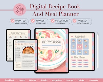 Lindo libro de recetas digital, diario planificador de comidas, organizador de cocina estético, descarga PDF editable para iPad, tableta, cocina, preparación de comidas