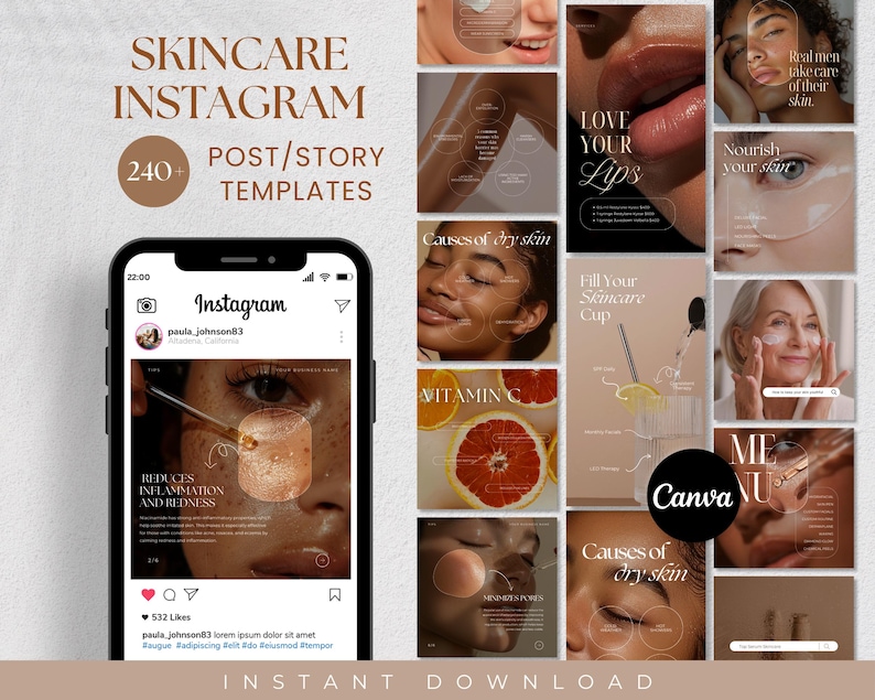 Op de afbeelding: Een verzameling van meer dan 240 Instagram-post- en story-sjablonen voor huidverzorging. De sjablonen bevatten afbeeldingen van mensen met verschillende huidtypen en -tinten, evenals tekstoverlays met tips en advies over huidverzorging. De sjablonen zijn ontworpen om u te helpen aantrekkelijke en informatieve content te maken voor uw huidverzorgingsmerk.