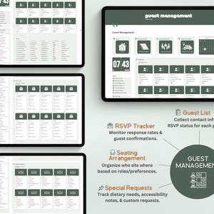 Puede incluir: M&uacute;ltiples tabletas muestran un sistema digital de gesti&oacute;n de invitados. La interfaz utiliza una combinaci&oacute;n de colores verde y blanco con iconos. El texto incluye "Guest Management", "RSVP Tracker" y "Special Requests".